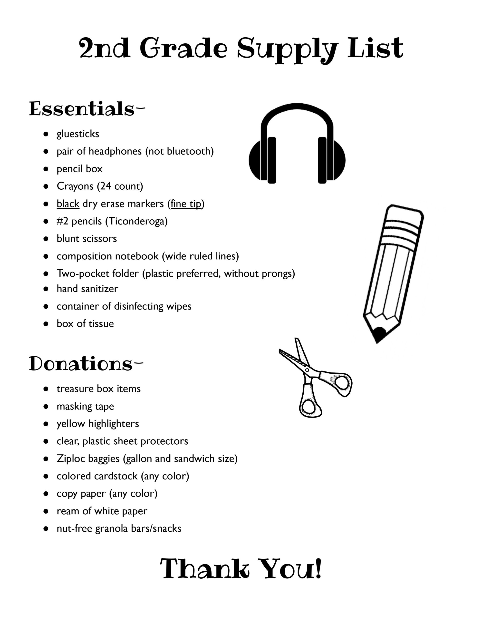 School supply list for 2nd graders